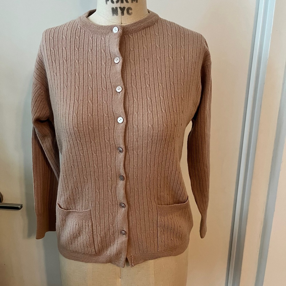 VTG B. Altman & Co 100% Wool Cable Knit Cardigan Sweater Beige Size Small